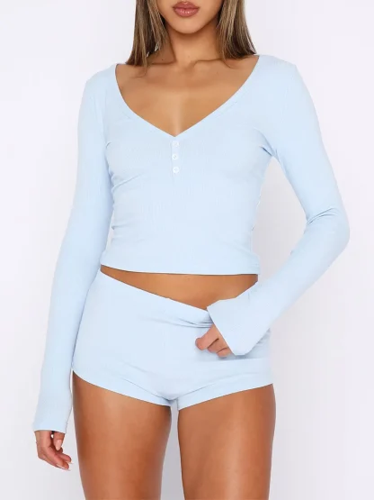 Button V-Neck Pajama Short Sets - Image 4