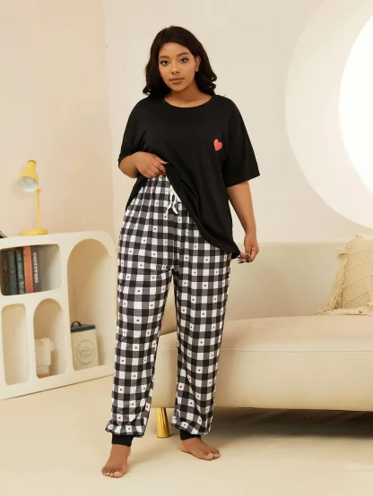 Plaid Love Print Pajama Set - Image 3