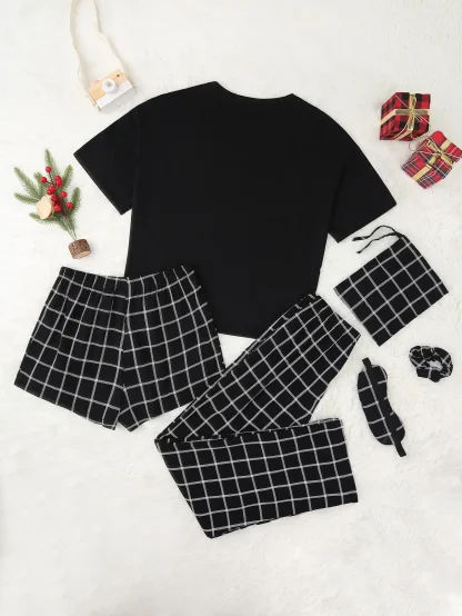 O Neck Solid Plaid Pajama Sets - Image 4