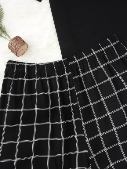 O Neck Solid Plaid Pajama Sets - Image 2