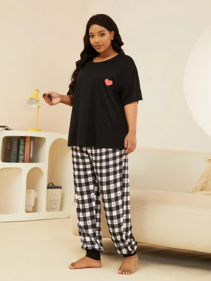 Plaid Love Print Pajama Set - Image 6